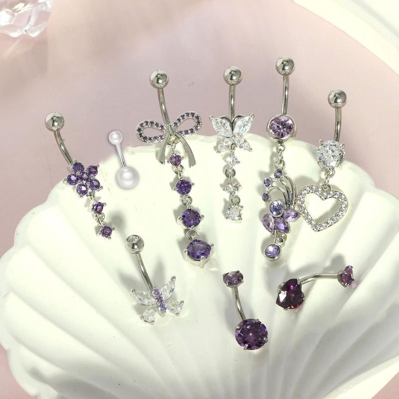 Suotarn 14G Belly Button ring Dangle Belly Rings Surgical Stainless Steel Cute Bow Butterfly Heart Flower Dangling Belly Button Piercing Jewelry For Women Silver Dainty Dangly Navel Ring - Image 4